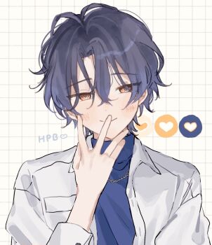 Rule 34 | 1boy, blue hair, blue shirt, blush, closed mouth, commentary request, ensemble stars!, grid background, hair between eyes, hand to own mouth, hand up, hare (ippuku), heart, highres, jacket, looking at viewer, male focus, orange eyes, shirt, short hair, simple background, smile, solo, tsuzura chitose, upper body, white jacket