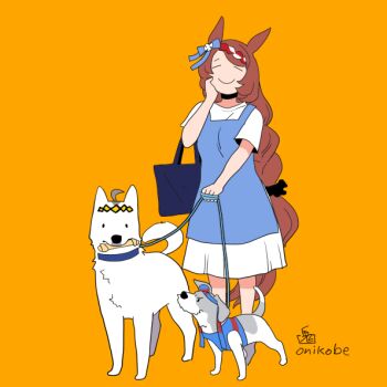 1girl animal_ears animalization apron bag blue_apron blue_bow bone bow braid brown_hair closed_eyes closed_mouth commentary_request crown_braid dog dress ear_bow elbow_carry full_body handbag holding holding_leash horse_ears horse_girl horse_tail leash long_hair oguri_cap_(umamusume) onikobe_rin orange_background short_sleeves simple_background smile solo standing super_creek_(umamusume) tail tamamo_cross_(umamusume) umamusume very_long_hair white_dress