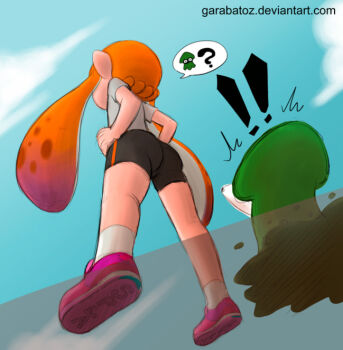 ! !! 1girl ass bike_shorts from_below garabato hands_on_own_hips inkling inkling_girl inkling_player_character nintendo orange_hair pointy_ears shoes sneakers splatoon_(series) splatoon_1 squid tentacle_hair watermark web_address
