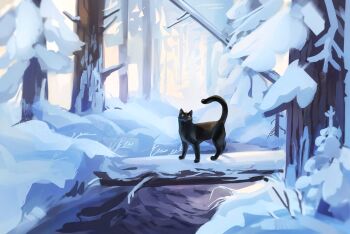 animal animal_focus black_cat bwspace69 cat commentary english_commentary log no_humans original outdoors snow tree winter