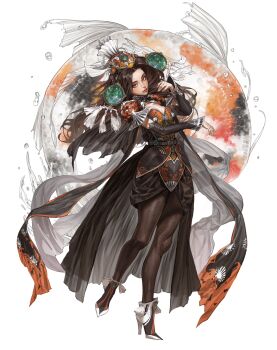 1girl black_dress black_hair black_hat black_panties boots breasts brown_eyes bubble carp cleavage crystal detached_sleeves dress eyeshadow fish hair_ornament hat heo_sung-moo high_heel_boots high_heels highres long_hair long_sleeves looking_at_viewer makeup medium_breasts original panties parted_bangs patterned_clothing simple_background solo standing underwear white_background