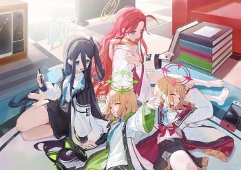 4girls absurdres animal_ear_headphones animal_ears aris_(blue_archive) black_hair black_skirt blonde_hair blue_archive blue_eyes blue_necktie blush book bow braid closed_eyes closed_mouth collared_shirt commentary_request fake_animal_ears game_development_department_(blue_archive) hair_between_eyes halo headphones highres holding holding_phone hood hood_down hooded_jacket jacket long_hair long_hair_between_eyes long_sleeves looking_at_another lying midori_(blue_archive) momoi_(blue_archive) multiple_girls necktie nintendo_switch one_side_up open_clothes open_jacket phone pleated_skirt power_symbol purple_eyes red_bow red_hair ribbed_socks shirt siblings sisters sitting skirt smile socks tail twins very_long_hair white_jacket white_shirt wide_sleeves yokozuwari yuzu_(blue_archive) zhihuigugudegezi