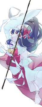 Rule 34 | 1girl, absurdres, ascot, bow, brown eyes, brown hair, commentary, detached sleeves, frilled bow, frilled hair tubes, frills, gohei, hair bow, hair tubes, hakurei reimu, highres, holding, holding gohei, holding ofuda, long hair, looking at viewer, navybluesparrow, ofuda, red bow, red skirt, ribbon-trimmed sleeves, ribbon trim, simple background, skirt, skirt set, solo, touhou, watermark, white background, yellow ascot