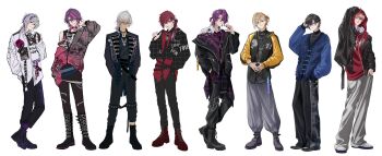 6+boys alternate_costume alternate_hairstyle arm_up black_boots black_hair black_jacket black_nails black_necktie black_pants blonde_hair blue_jacket boots chain chain_necklace closed_mouth commentary dark-skinned_male dark_skin full_body fura_kanato fuwa_minato grey_boots grey_hair grey_pants hair_between_eyes half_updo hand_in_pocket hand_up hands_in_pockets highres ibrahim_(nijisanji) jacket jewelry lauren_iroas long_hair looking_at_viewer male_focus medium_hair multicolored_hair multicolored_jacket multiple_boys necklace necktie nijisanji nisi_ki_no open_clothes open_jacket own_hands_together pants pink_hair ponytail punk purple_hair red_boots red_hair seraph_dazzlegarden shikinagi_akira shirt short_hair side_ponytail simple_background smile streaked_hair voltaction watarai_hibari white_background white_shirt