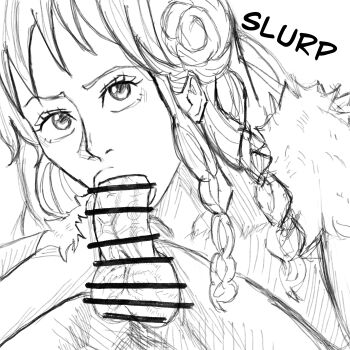 1girl censored close-up datteboobie elbaf fellatio looking_at_viewer monochrome nami_(one_piece) one_piece oral