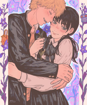 1boy 1girl absurdres bellflower black_hair black_jacket black_ribbon blonde_hair blue_flower blush bow bowtie bud chainsaw_man chinese_bellflower closed_eyes commentary denji_(chainsaw_man) dress english_commentary flower fourth_east_high_school_uniform heads_together hetero highres holding holding_flower hug jacket long_hair long_sleeves looking_to_the_side mitaka_asa neck_ribbon pinafore_dress pochita_(chainsaw_man) pumpkingface purple_flower ribbon school_uniform sharp_teeth short_hair signature sleeveless sleeveless_dress smile sweatdrop teeth war_devil_(chainsaw_man)