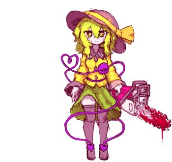 Rule 34 | 1girl, black hat, black thighhighs, buttons, chainsaw, collared shirt, commentary, diamond button, eyeball, full body, green eyes, green hair, green skirt, hat, hat ribbon, heart, heart-shaped pupils, heart of string, highres, holding, holding chainsaw, komeiji koishi, korean commentary, long sleeves, looking at viewer, rampa93, ribbon, shirt, simple background, skirt, solo, symbol-shaped pupils, thighhighs, third eye, touhou, transparent, transparent background, yellow ribbon, yellow shirt