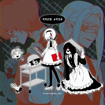 1girl 5boys adashino_adami apron bow bowtie braid cantobear cart crossdressing crossdressing_(mtf) crowbar disembodied_head dress frilled_apron frilled_dress frills holding holding_crowbar holding_tray homicipher homicipher_text limited_palette long_hair mr._chopped mr._crawling mr._gap mr._scarletella mr._silvair multiple_boys open_mouth plate red_eyes serving_dome short_hair smile tray