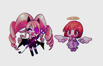 2girls :d ^_^ angel angel_wings anklet black_dress blonde_hair blush bracelet brown_eyes brown_hair chibi chibi_only closed_eyes colored_eyepatch demon demon_horns demon_tail demon_wings dress drill_hair eyepatch gold_anklet gold_bracelet halo harime_nui holding holding_polearm holding_weapon horns jewelry kill_la_kill ktg10kn long_hair mankanshoku_mako multiple_girls open_mouth polearm short_hair simple_background smile tail twin_drills twintails weapon white_background white_dress wings