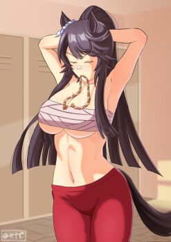 1girl animal_ears arms_behind_head bandaid bandaid_on_face bandaid_on_nose black_hair breasts chest_sarashi closed_eyes commentary ear_ornament english_commentary hair_ornament highres horse_ears horse_girl horse_tail indoors large_breasts locker locker_room long_hair narita_brian_(umamusume) navel oxicmar ponytail sarashi solo_focus stomach tail tying_hair umamusume underboob