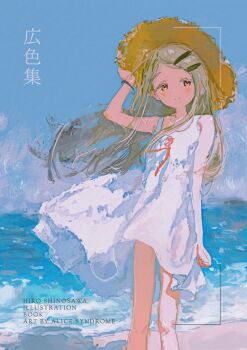 1girl adjusting_clothes adjusting_headwear artbook blue_sky blush character_name chi_(luckyeric320) clear_sky closed_mouth clothes_lift colored_eyelashes dress dress_lift feet_out_of_frame floating_hair gakuen_idolmaster grey_hair hair_ornament hairclip hat highres horizon idolmaster long_hair looking_at_viewer ocean orange_eyes outdoors parallel_hairclips parted_bangs red_ribbon ribbon shinosawa_hiro shore sky smile solo split_mouth standing straw_hat sun_hat sundress waves white_dress wind wind_lift wristband