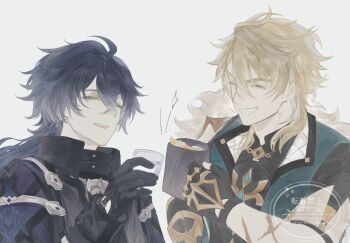2boys ahoge black_gloves black_shirt blonde_hair capelet closed_eyes clothing_cutout collared_capelet collared_shirt commentary_request crossed_bangs cup double-parted_bangs drink fingerless_gloves flins_(genshin_impact) genshin_impact glove_cutout gloves grin hair_behind_ear highres holding holding_cup long_hair long_sleeves male_focus multiple_boys multiple_scars open_mouth scar scar_on_arm shirt simple_background sleeve_cuffs smile sxiahpfyir50874 teeth upper_body upper_teeth_only varka_(genshin_impact) watermark white_background white_fur