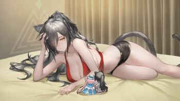Rule 34 | 1girl, absurdres, animal ear fluff, animal ears, arknights, arm rest, black hair, black shorts, breast rest, breasts, camisole, ceylon (arknights), character doll, cleavage, closed mouth, collarbone, curtains, doll, facing viewer, foot out of frame, hair over one eye, head rest, highres, indoors, large breasts, long hair, looking at object, lying, narrow waist, navel, on bed, on side, panther ears, panther girl, panther tail, red camisole, schwarz (arknights), shorts, solo, tail, thighs, yellow eyes, yiyanbanshengchou