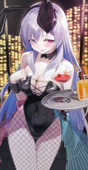 1girl absurdres alcohol animal_ear_hairband animal_ears bare_shoulders black_collar black_leotard blue_eyes blush breasts cherry city_lights cleavage cocktail cocktail_glass collar covered_navel cowboy_shot cross-shaped_pupils cup detached_collar drinking_glass fake_animal_ears fishnet_pantyhose fishnets food fruit grey_hair groin hairband heterochromia highleg highleg_leotard highres holding holding_tray indoors kairi_(miry666) large_breasts leotard long_hair looking_at_viewer neo-porte night pantyhose pink_eyes playboy_bunny pov rabbit_ear_hairband rabbit_ears see-through_clothes see-through_skirt showgirl_skirt shy skirt smile strapless strapless_leotard symbol-shaped_pupils tentei_forte tray virtual_youtuber wrist_cuffs