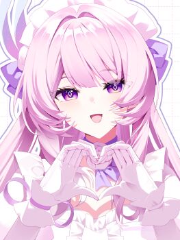 1girl absurdres alternate_costume breasts cyrene_(demiurge)_(honkai:_star_rail) cyrene_(honkai:_star_rail) diamond-shaped_pupils diamond_(shape) gloves heart heart_hands hi_i_dubu highres honkai:_star_rail honkai_(series) long_hair looking_at_viewer maid maid_headdress medium_breasts open_mouth pink_hair purple_eyes simple_background smile solo symbol-shaped_pupils upper_body very_long_hair white_background white_gloves