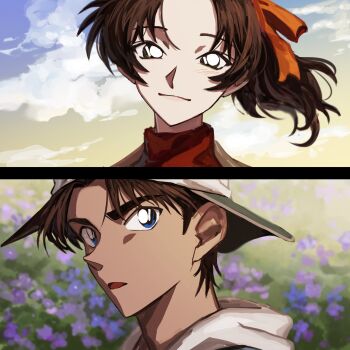 Rule 34 | 1boy, 1girl, absurdres, blue eyes, brown hair, commentary request, field, flower, flower field, hair ribbon, hattori heiji, highres, light blush, light smile, long hair, looking at another, meadow, meitantei conan, orange ribbon, outdoors, parted bangs, parted lips, ponytail, red shirt, ribbon, shirt, short hair, susk tkc, tooyama kazuha, turtleneck, upper body, white hair