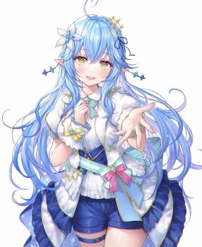 1girl ahoge blue_hair blush braid colored_tips commentary_request elf hair_ornament heart heart_ahoge highres hololive hololive_idol_uniform_(bright) long_hair looking_at_viewer mirukurim multicolored_hair offering_hand official_alternate_costume open_mouth pointy_ears puffy_short_sleeves puffy_sleeves reaching reaching_towards_viewer short_sleeves shorts side_braid simple_background solo streaked_hair thigh_strap virtual_youtuber white_background wrist_cuffs yellow_eyes yukihana_lamy