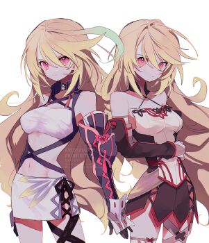 2girls absurdres ahoge bare_shoulders black_gloves blonde_hair breasts choker commentary_request detached_sleeves dual_persona gloves gradient_hair hair_between_eyes hand_on_own_arm highres long_hair looking_to_the_side medium_breasts midriff milla_maxwell milla_maxwell_(tox2) miniskirt multicolored_hair multiple_girls nancykittyu navel red_eyes simple_background skirt strapless tales_of_(series) tales_of_xillia tales_of_xillia_2 very_long_hair white_background