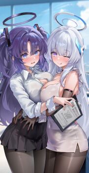 2girls :q absurdres bare_shoulders black_bra black_gloves black_halo black_pantyhose black_skirt blue_archive blue_eyes blue_sky blush bra breast_press breasts button_gap buttons cleavage clipboard cloud collared_shirt commentary covered_navel day dress elbow_gloves glint gloves hair_between_eyes hair_ornament halo hand_on_another's_back hand_on_another's_waist hand_up headgear highres holding holding_clipboard indoors large_breasts licking_lips long_hair long_sleeves looking_at_viewer mechanical_halo millennium_science_school_logo multiple_girls noa_(blue_archive) open_mouth pantyhose pleated_skirt purple_eyes purple_hair see-through_clothes see-through_shirt shirt shirt_tucked_in sidelocks skirt sky standing symmetrical_docking thighband_pantyhose tongue tongue_out triangle_hair_ornament two_side_up underwear very_long_hair white_dress white_hair white_halo white_shirt white_wrist_cuffs window wrist_cuffs yangyu_tudou_vv yuuka_(blue_archive)