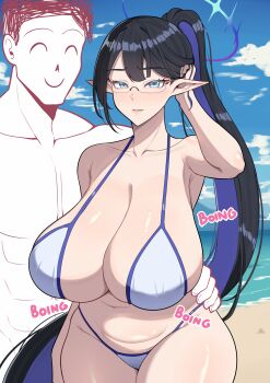 1boy 1girl abs absurdres alternate_breast_size_(larger) band-width beach bikini black_hair blue_archive blue_eyes blue_hair breasts cleavage cloud collarbone colored_inner_hair commentary doodle_sensei_(blue_archive) glasses hair_behind_ear halo hand_on_another's_hip highres huge_breasts long_hair multicolored_hair paid_reward_available parted_lips pointy_ears ponytail rin_(blue_archive) semi-rimless_eyewear sensei_(blue_archive) sky smile sound_effects swimsuit white_bikini
