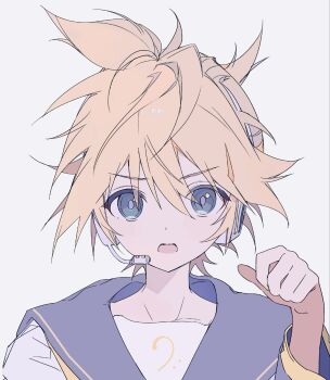 1boy arm_up bass_clef blonde_hair commentary_request dot_nose double-parted_bangs geometry682 hair_between_eyes headset highres kagamine_len long_sleeves looking_at_viewer male_focus open_mouth sailor_collar shirt solo straight-on vocaloid white_shirt