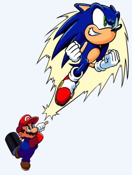 2boys blue_eyes brown_hair crossover facial_hair flying full_body gloves green_eyes grin hammer highres image_sample kolsanart mario mario_&amp;_luigi_rpg mario_(series) md5_mismatch multiple_boys mustache nintendo overalls resolution_mismatch sega serious smile sonic_(series) sonic_the_hedgehog source_larger twitter_sample