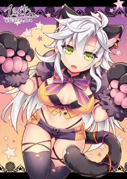 1girl animal_ears breasts cat_ears cat_tail eiyuu_densetsu fie_claussell green_eyes halloween halloween_costume kittysuit looking_at_viewer nontraditional_playboy_bunny oigetsudou_(byakuya_yuu) sen_no_kiseki_(series) short_shorts shorts simple_background tail white_hair