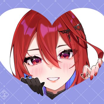1girl blush checkered_background close-up clothing_cutout commentary elizabeth_rose_bloodflame gloves hair_ornament hands_up hayate_fish heart_cutout highres hololive hololive_english lipgloss purple_background red_eyes red_hair red_nails single_glove smile teeth through_medium untranslatable_commentary virtual_youtuber white_background