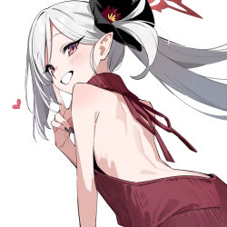 Rule 34 | 1girl, alternate costume, back, bare back, bare shoulders, black flower, black nails, blue archive, blush, commentary, fingernails, flower, grey hair, hair flower, hair ornament, halo, heart, highres, long hair, looking at viewer, meme attire, mutsuki (blue archive), nail polish, pink eyes, pointy ears, red halo, red sweater, side ponytail, simple background, smile, solo, sweater, virgin killer sweater, white background, xiaoxiao de kuangsan