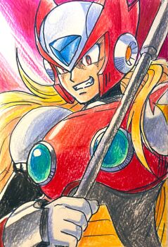 1boy android armor blonde_hair chest_jewel clenched_teeth evil_grin evil_smile forehead_jewel gloves grin helmet highres hijiriiyaa holding holding_lead_pipe holding_tube jewelry lead_pipe long_hair male_focus mega_man_(series) mega_man_x_(series) ponytail red_armor red_eyes red_helmet robot robot_ears smile solo teeth traditional_media upper_body very_long_hair white_gloves zero_(mega_man)