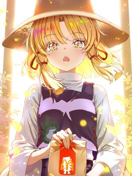 1girl absurdres bag blonde_hair commentary_request hair_ribbon hat highres holding holding_bag looking_at_viewer mcdonald&#039;s moriya_suwako open_mouth purple_skirt purple_vest ribbon shirt skirt solo torikaze785 touhou vest white_shirt yellow_eyes