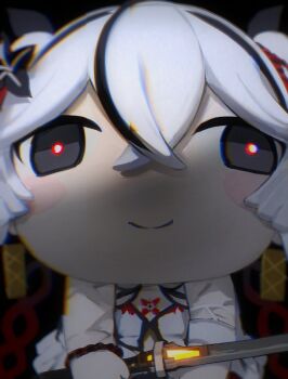 Rule 34 | 1girl, absurdres, big head, black eyes, black flower, blake bloom (wuthering waves), camellya (wuthering waves), camellya mascot (meme), chromatic aberration, closed mouth, commentary, dress, earrings, flower, gold earrings, hair flower, hair ornament, hair vines, heavy chromatic aberration, highres, hikaku (siyrgr), holding, holding sword, holding weapon, jewelry, looking at viewer, mascot costume, meme, red pupils, smile, solo, sword, tacet mark (wuthering waves), weapon, white dress, wuthering waves