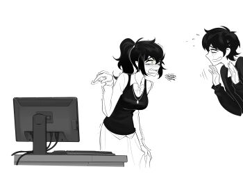 1boy 1girl :d adam&#039;s_apple ahoge aierlaobo andrew_graves antenna_hair arm_at_side bags_under_eyes breasts collarbone collared_shirt commentary computer computer_keyboard cropped_legs desk double-parted_bangs english_commentary eye_contact fang flying_sweatdrops from_side green_eyes greyscale hair_between_eyes hair_tie hand_up hands_up high_contrast high_ponytail highres jewelry long_sleeves looking_at_another medium_hair meta monochrome mother_and_son necklace nervous_smile nervous_sweating open_mouth pointing ponytail profile puffy_long_sleeves puffy_sleeves renee_graves shirt short_hair simple_background skin_fang skirt small_breasts smile spot_color sweat sweater sweater_vest teeth the_coffin_of_andy_and_leyley trembling upper_teeth_only v-shaped_eyebrows white_background wide-eyed