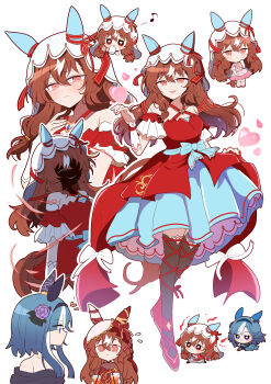 2girls absurdres admire_groove_(umamusume) animal_ears bare_shoulders black_thighhighs blue_dress blue_hair blush bow breasts brown_hair chibi closed_mouth clothing_cutout commentary_request cropped_shirt detached_sleeves dress ear_covers ear_ribbon flower hair_between_eyes hair_flower hair_ornament hairband heart highres horse_ears horse_girl horse_tail layered_skirt long_hair loose_socks meni_shuki_rush-sshu! multicolored_hair multiple_girls musical_note open_mouth pink_shirt pink_shoes pink_skirt pink_socks purple_eyes purple_flower red_dress red_eyes red_ribbon rere_tu2 ribbon running shirt shoes shoulder_cutout skirt small_breasts smile socks still_in_love_(scarlet_vow_raiment)_(umamusume) still_in_love_(umamusume) streaked_hair tail thighhighs umamusume veil white_background white_hair white_streaks white_veil