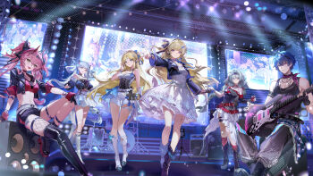 1boy 5girls absurdres asymmetrical_legwear bare_shoulders black_boots black_bow black_choker black_gloves black_jacket black_shirt blue_bow blue_hair boots bow braid brant_(wuthering_waves) breasts cartethyia_(wuthering_waves) choker cleavage cropped_jacket dress electric_guitar fender_stratocaster fingerless_gloves gloves grey_hair guitar hair_between_eyes hair_bow hair_rings hand_up highres holding holding_instrument holding_microphone holding_plectrum instrument jacket jinhsi_(wuthering_waves) kuuus logo long_hair looking_at_viewer low_twin_braids lupa_(wuthering_waves) medium_breasts microphone midriff missing_commentary multiple_girls navel o-ring o-ring_thigh_strap official_alternate_costume official_art open_mouth outstretched_arms parted_bangs phoebe_(wuthering_waves) phrolova_(wuthering_waves) pink_hair plectrum pointy_ears purple_eyes shirt short_hair shorts single_thigh_boot sitting skirt smile stomach tacet_mark_(wuthering_waves) thigh_boots thigh_strap thighs toned toned_male twin_braids twintails uneven_legwear white_boots white_dress white_hair white_shorts white_skirt wuthering_waves yellow_eyes