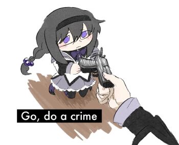 Rule 34 | 1girl, akemi homura, akemi homura (magical girl), avanes d, black hair, blush, bow, bowtie, braid, clone, closed mouth, english text, glasses, go do a crime (meme), gun, handgun, holding, holding gun, holding weapon, long hair, mahou shoujo madoka magica, meme, purple bow, purple bowtie, solo, twin braids, weapon