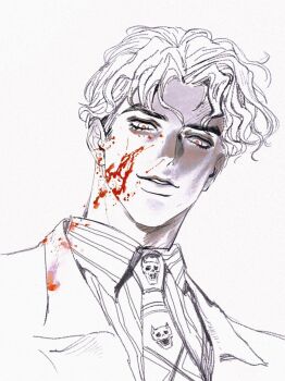 Rule 34 | 1boy, blood, blood on clothes, blood on face, collarbone, commentary request, diamond wa kudakenai, dim 7976, greyscale, jacket, jojo no kimyou na bouken, kira yoshikage, looking down, male focus, monochrome, necktie, parted lips, short hair, simple background, solo, spot color, suit jacket, white background