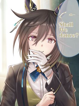 1girl alternate_costume animal_ears artist_name biting black_hair black_suit brown_eyes brown_hair ear_covers ear_ornament english_text formal_clothes gloves highres horse_ears horse_girl jewelry looking_at_viewer ring sakaki_yana single_glove solo stay_gold_(umamusume) suit umamusume white_gloves