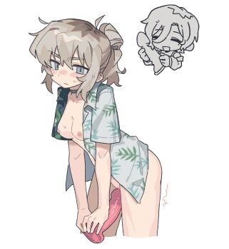 2girls black_choker black_shirt blush bottomless breasts chinese_commentary choker closed_mouth commentary_request dildo female_masturbation girls_band_cry grey_eyes grey_hair hair_up hawaiian_shirt highres holding holding_sex_toy kawaragi_momoka long_hair masturbation medium_breasts mole mole_under_eye multicolored_hair multiple_girls nipples open_clothes open_shirt ponytail pussy roots_(hair) rupa_(girls_band_cry) sex_toy shirt short_hair simple_background smile sweat tutai two-tone_shirt white_background white_shirt