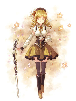 1girl beret black_boots black_gloves black_hat black_thighhighs blonde_hair boots breasts closed_eyes corset detached_sleeves drill_hair facing_viewer fingerless_gloves flower full_body gloves gun hat highres magical_girl mahou_shoujo_madoka_magica mahou_shoujo_madoka_magica_(anime) puffy_short_sleeves puffy_sleeves short_sleeves skirt solo thigh_boots thighhighs tomoe_mami tomoe_mami_(magical_girl) twin_drills weapon yakka yellow_flower yellow_skirt yellow_theme