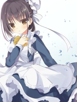 Rule 34 | 1girl, ameno ame, apron, arm behind back, black dress, black hair, blush, bow, bowtie, brown eyes, bun cover, cafe stella to shinigami no chou, commentary request, cowboy shot, dress, dutch angle, earrings, eyes visible through hair, floating clothes, frilled apron, frilled dress, frills, hair between eyes, hair bow, hair bun, hair ornament, hair ribbon, hairclip, hand up, highres, jewelry, long sleeves, looking at viewer, maid, maid apron, maid headdress, medium hair, mole, mole under eye, parallel hairclips, parted lips, ribbon, shiki natsume, simple background, single hair bun, solo, straight hair, striped bow, striped bowtie, striped clothes, stud earrings, water drop, white apron, white background, white bow, white ribbon, yellow bow, yellow bowtie