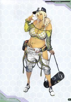 1girl absurdres artbook belt blonde_hair breasts butterfly_tattoo curvy dark-skinned_female dark_skin dithering full_body gyaru hat highleg highleg_panties highres holster large_breasts lips long_hair long_sleeves navel official_art panties parted_lips ponytail rinalia_kuo scan see-through_clothes see-through_shirt shiny_skin shorts standing stomach_tattoo studded_belt super_robot_wars super_robot_wars_dd tattoo thong underwear watanabe_wataru_(character_designer) wide_hips