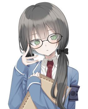 1girl absurdres adjusting_eyewear armband black-framed_eyewear black_bow black_hair blue_armband blue_jacket book bow commentary_request dress_shirt finger_on_eyewear glasses green_eyes hair_bow head_tilt highres holding holding_book hugging_book hugging_object jacket long_hair low_twintails necktie original parted_lips red_necktie shinigami_(tukiyomiikuto) shirt simple_background sleeves_past_wrists solo tsurime twintails upper_body white_background white_shirt wing_collar