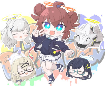 4girls :d :p ^_^ badge binah_(blue_archive) black_hair black_socks blue_archive blue_eyes blue_necktie button_badge chibi chibi_inset chihiro_(blue_archive) closed_eyes commentary_request crosshair double_bun glasses graffiti hair_bun hair_ornament halo hare_(blue_archive) highres kotama_(blue_archive) leg_up light_blush maki_(blue_archive) miranofuudoria multiple_girls necktie non-humanoid_robot open_hand open_mouth red_hair robot robot_animal shoes smile smiley_face snake sneakers socks spread_fingers standing standing_on_one_leg sweater_vest tongue tongue_out v veritas_(blue_archive)