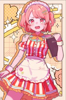 1girl absurdres apron bare_shoulders blush border commentary cowboy_shot dress fang frilled_apron frilled_dress frills grid_background hair_ornament heart heart_hair_ornament highres holding holding_menu looking_at_viewer maid_headdress menu mishio_(misio_40) momoi_airi open_mouth orange_border outside_border pink_eyes pink_hair project_sekai red_dress short_hair short_sleeves solo sparkle striped_clothes striped_dress sweatdrop two_side_up waist_apron white_apron wrist_cuffs yellow_background