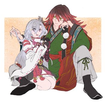 1boy 1girl brown_hair closed_mouth glasses gradient_hair green_eyes hair_branch highres japanese_clothes kaguya_(rune_factory) kkkhet_calhack kurama_(rune_factory) multicolored_hair red_hair rune_factory rune_factory:_guardians_of_azuma