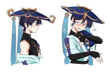 Rule 34 | 1boy, anemo symbol (genshin impact), aqua gem, arm at side, armor, black bodysuit, black bridal gauntlets, black hair, blue cape, blue hat, blunt ends, blush, bodysuit, bridal gauntlets, cape, closed mouth, cropped torso, embarrassed, english text, eyeliner, eyeshadow, from side, gem, genshin impact, gold, hair between eyes, hat, highres, japanese armor, japanese clothes, jingasa, kimono, kote, kurokote, looking down, looking to the side, makeup, male focus, mandarin collar, multiple views, onac911, open hand, open mouth, pom pom (clothes), profile, purple eyes, red eyeliner, red eyeshadow, scaramouche (genshin impact), short sleeves, shoulder peek, single bare shoulder, single off shoulder, solo, teeth, tsurime, upper teeth only, wanderer (genshin impact), white background, white kimono, white sleeves