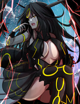 1girl absurdres alternate_color black_hair black_thighhighs breasts cafe_berry cleavage commentary_request crossed_legs facial_mark fingernails forehead_mark gen_3_pokemon hand_up highres large_breasts legendary_pokemon long_fingernails long_hair nintendo open_mouth outdoors panties pantyshot personification pokemon rayquaza sharp_teeth shiny_pokemon teeth thighhighs underwear yellow_eyes