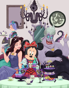 4girls absurdres animal_ears ascot bare_shoulders black_dress blue_dress blue_eyeshadow blue_hair bow breasts brown_hair chandelier character_request crossed_legs cup cupcake d74335631 disney dress earrings eyeshadow fish food gem gloves grey_hair grey_skirt hair_bow half-closed_eyes highres holding holding_plate indoors jewelry large_breasts makeup medium_breasts mickey_mouse_&amp;_friends minnie_mouse mirror mouse_ears mouse_girl multiple_girls nail_polish necklace parted_bangs plate red_gemstone red_lips red_nails shell shell_necklace short_hair shrimp skirt sleeveless sleeveless_dress strapless strapless_dress teacup teapot the_little_mermaid_(disney) ursula_(disney) vanessa_(disney) white_ascot white_gloves