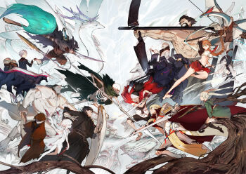 6+boys 6+girls abs arm_up armor arrow_(projectile) backpack bag bald bare_shoulders barefoot battle beard bedroll belt black_eyes black_footwear black_hair black_shorts blonde_hair blue_eyes bow_(weapon) braid breastplate brown_bag brown_coat brown_footwear brown_hair cane cloak closed_mouth club_(weapon) coat colored_skin copyright_request covered_mouth dragon dual_wielding facial_hair fairy fairy_wings floating floating_sword floating_weapon fur_trim gauntlets glasses glowing glowing_eye goblin goggles greaves green_cloak green_eyes green_skin grey_cloak grey_hair grey_skin gun hair_between_eyes hairband hat highres holding holding_bow_(weapon) holding_cane holding_polearm holding_spear holding_sword holding_weapon hood hood_down horns jacket jacket_on_shoulders kicking knight kureta_(nikogori) long_hair monster multiple_boys multiple_girls muscular no_pupils official_art pauldrons pointy_ears polearm red_eyes red_jacket robot rock scabbard shaded_face sheath sheathed shield shirt topless_male shorts shoulder_armor single_horn sitting skeleton spear sword toenails torn torn_cloak torn_clothes twintails vambraces weapon weapon_on_back white_hair white_hairband wings